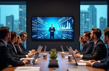 Executivos assistindo a canal jornalístico B2B em ambiente corporativo moderno